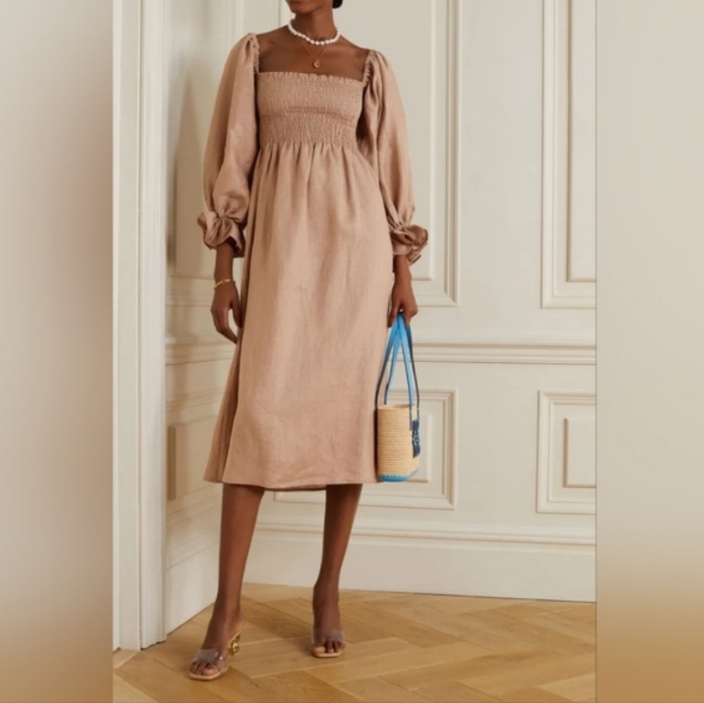 Sleeper 100% Linen Brown Atlanta Midi Dress, Medium